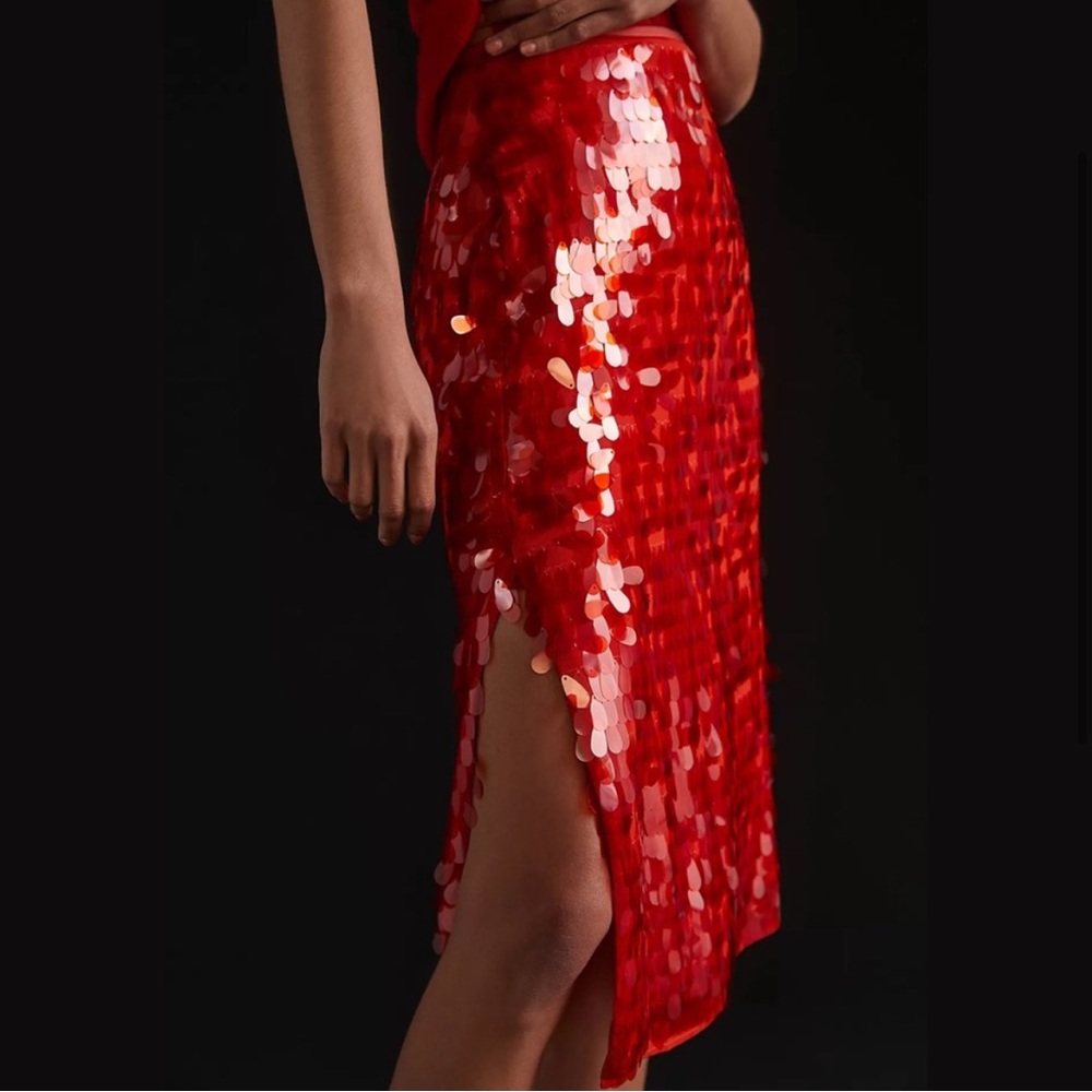 Anthropologie Maeve: bright red sequin pencil skirt w/ side slit - ahhhh-mazing!
